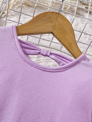 Young Girl Knitted Net Yarn Joint Dress With Pure Color Round Neck And Cute Pattern Puff Sleeve