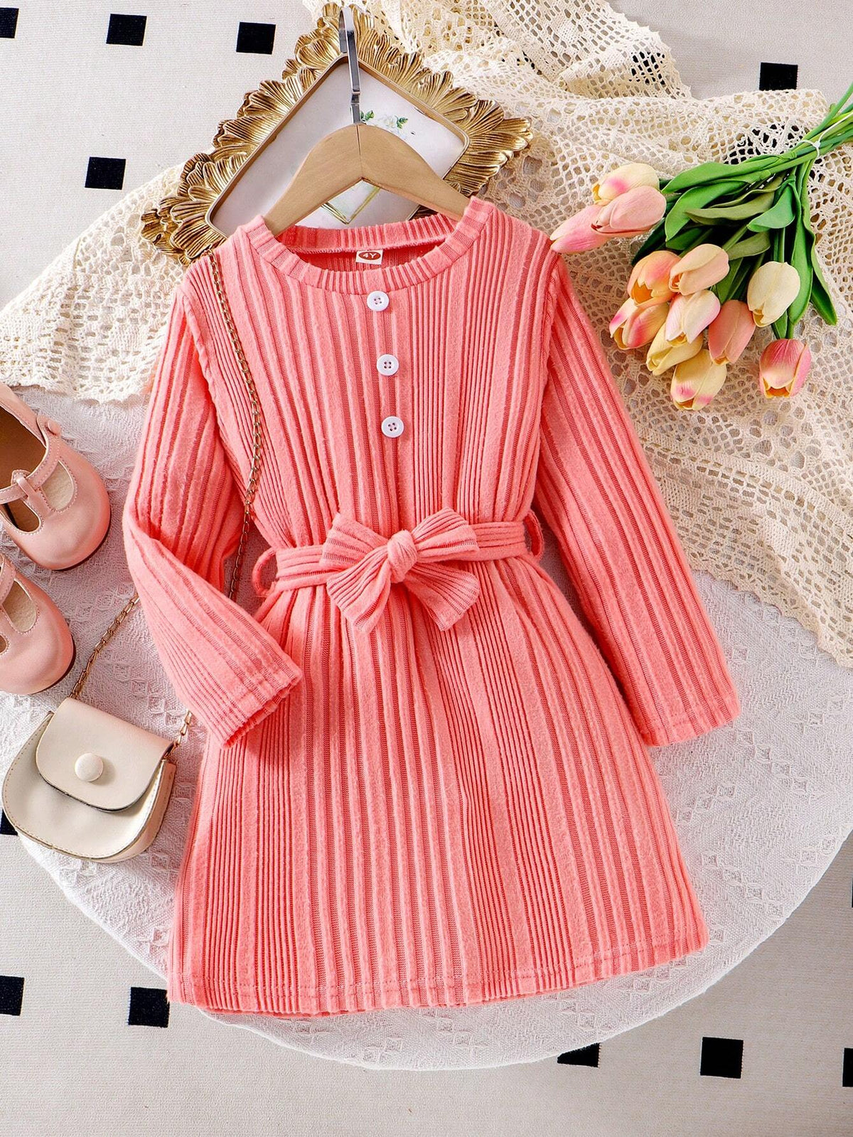 Young Girl' Knitted Orange & White Button Down Long Sleeve Cinched Waist Waist Casual Dress, Comfortable For Autumn Daily Wear