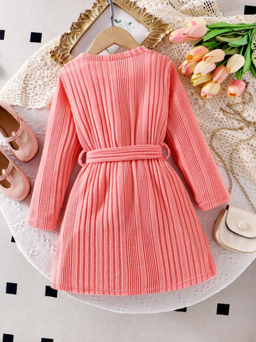 Young Girl' Knitted Orange & White Button Down Long Sleeve Cinched Waist Waist Casual Dress, Comfortable For Autumn Daily Wear