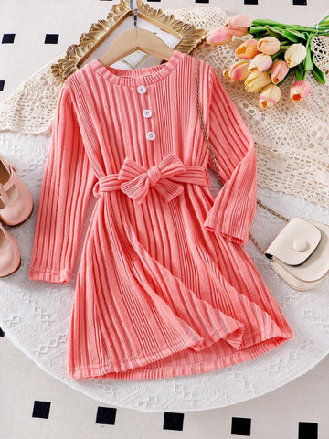 Young Girl' Knitted Orange & White Button Down Long Sleeve Cinched Waist Waist Casual Dress, Comfortable For Autumn Daily Wear