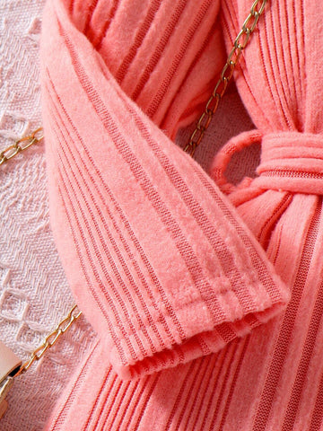 Young Girl' Knitted Orange & White Button Down Long Sleeve Cinched Waist Waist Casual Dress, Comfortable For Autumn Daily Wear