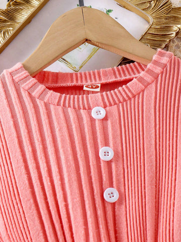 Young Girl' Knitted Orange & White Button Down Long Sleeve Cinched Waist Waist Casual Dress, Comfortable For Autumn Daily Wear