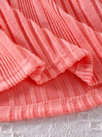 Young Girl' Knitted Orange & White Button Down Long Sleeve Cinched Waist Waist Casual Dress, Comfortable For Autumn Daily Wear