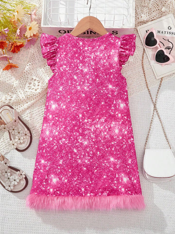 Young Girl Knitted Patchwork Faux Fur Stripes Round Neck Cap Sleeve Loose Casual Dress
