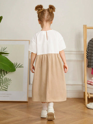 Young Girl Knitted Patchwork Loose Fit Casual Dress With Round Neck