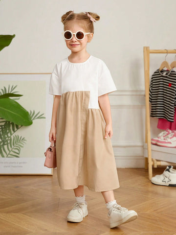 Young Girl Knitted Patchwork Loose Fit Casual Dress With Round Neck