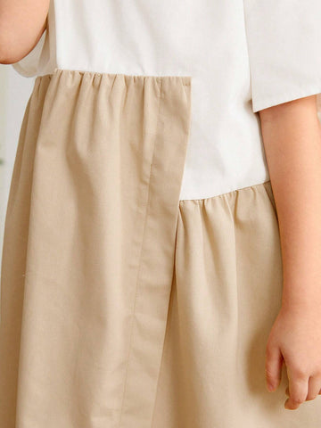 Young Girl Knitted Patchwork Loose Fit Casual Dress With Round Neck