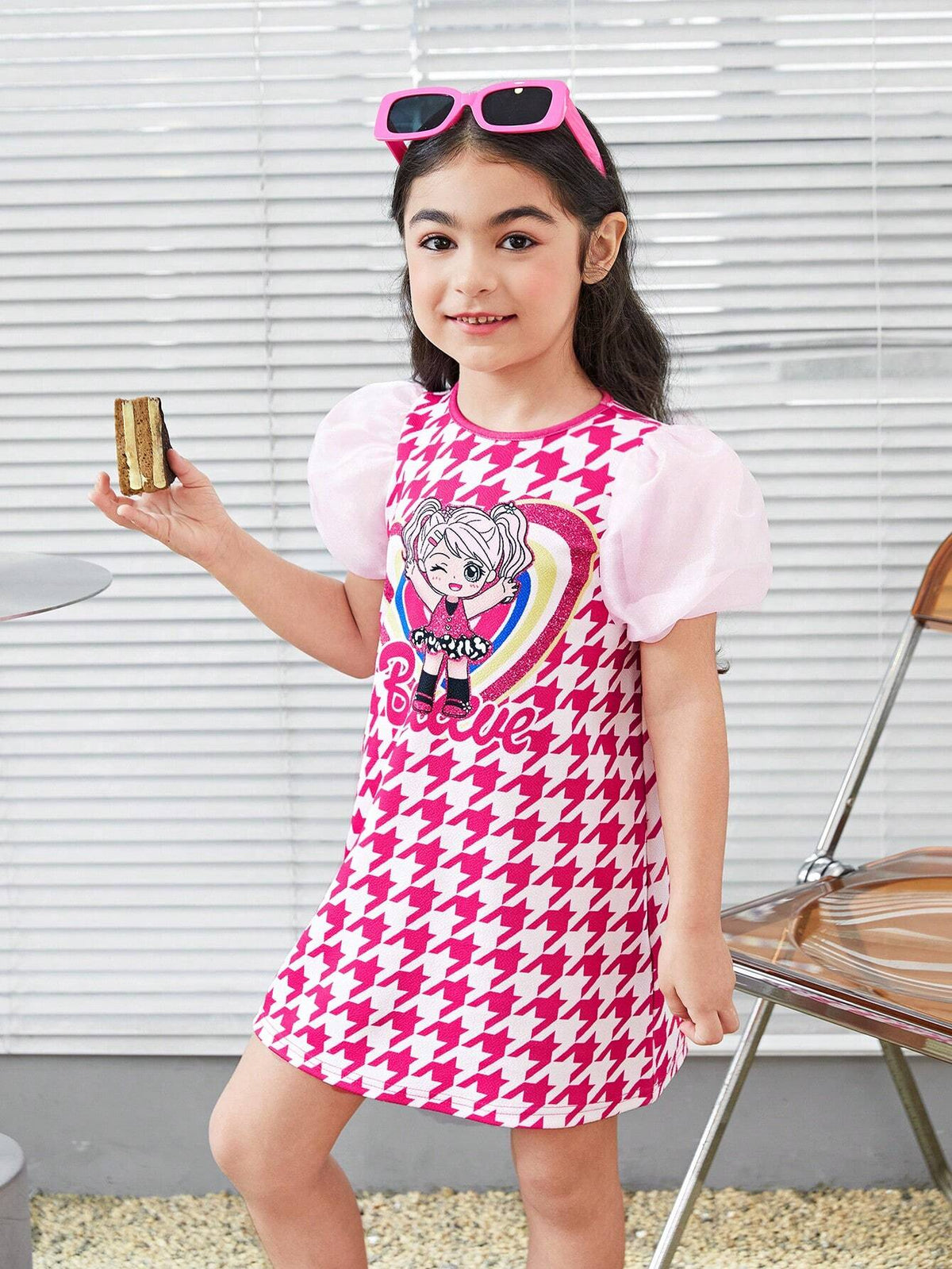 Young Girl Knitted Plaid Cute Girl Pattern Contrast Mesh Integrated Dress