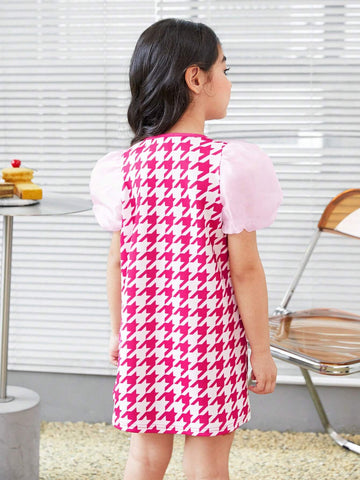 Young Girl Knitted Plaid Cute Girl Pattern Contrast Mesh Integrated Dress