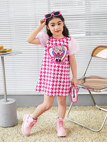 Young Girl Knitted Plaid Cute Girl Pattern Contrast Mesh Integrated Dress