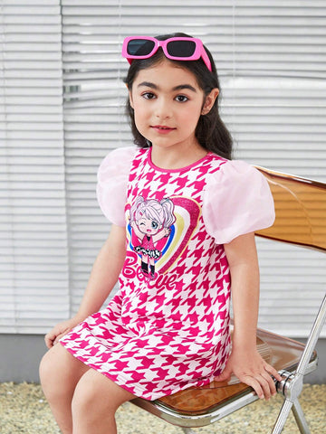 Young Girl Knitted Plaid Cute Girl Pattern Contrast Mesh Integrated Dress