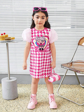 Young Girl Knitted Plaid Cute Girl Pattern Contrast Mesh Integrated Dress