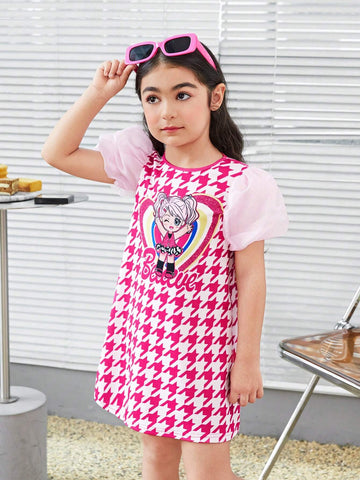 Young Girl Knitted Plaid Cute Girl Pattern Contrast Mesh Integrated Dress