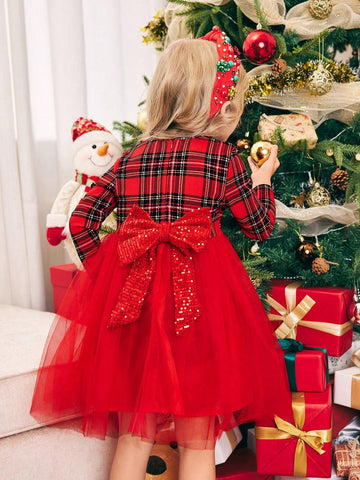 Young Girl Knitted Plaid Round Neck Mixed Material Bow-Tie Mesh Patchwork Dress