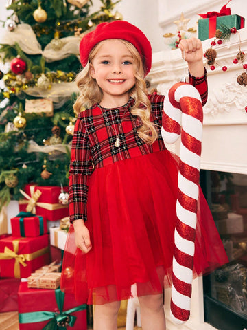Young Girl Knitted Plaid Round Neck Mixed Material Bow-Tie Mesh Patchwork Dress