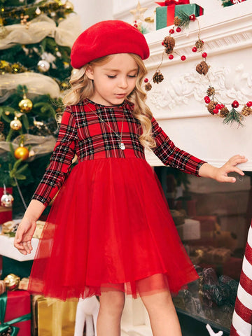 Young Girl Knitted Plaid Round Neck Mixed Material Bow-Tie Mesh Patchwork Dress