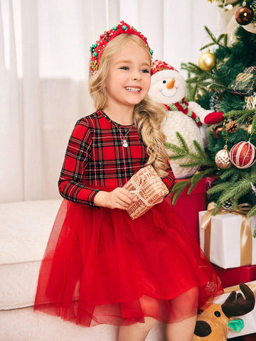 Young Girl Knitted Plaid Round Neck Mixed Material Bow-Tie Mesh Patchwork Dress