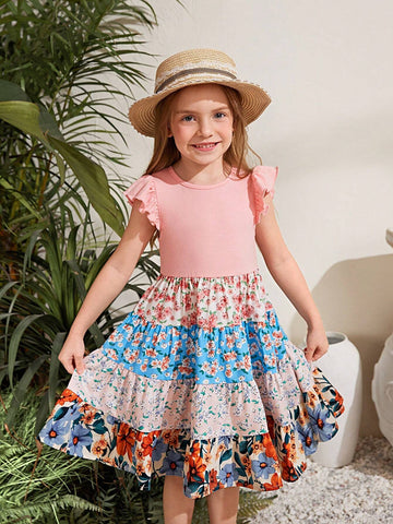 Young Girl Knitted Pure Color Round Neck Dress With Pleated Hem And Jacquard Floral Skirt