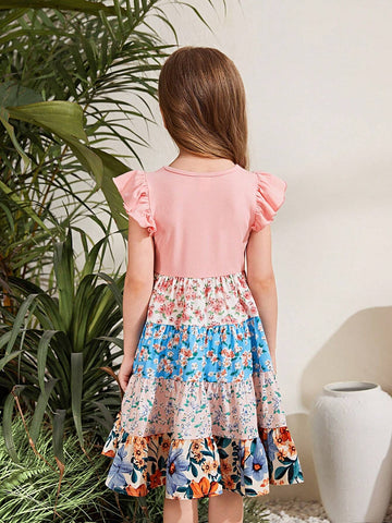 Young Girl Knitted Pure Color Round Neck Dress With Pleated Hem And Jacquard Floral Skirt