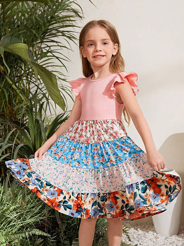 Young Girl Knitted Pure Color Round Neck Dress With Pleated Hem And Jacquard Floral Skirt