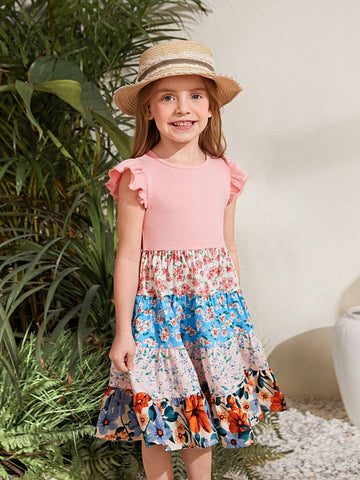 Young Girl Knitted Pure Color Round Neck Dress With Pleated Hem And Jacquard Floral Skirt