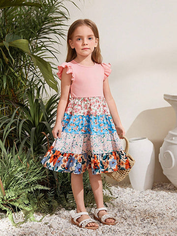 Young Girl Knitted Pure Color Round Neck Dress With Pleated Hem And Jacquard Floral Skirt