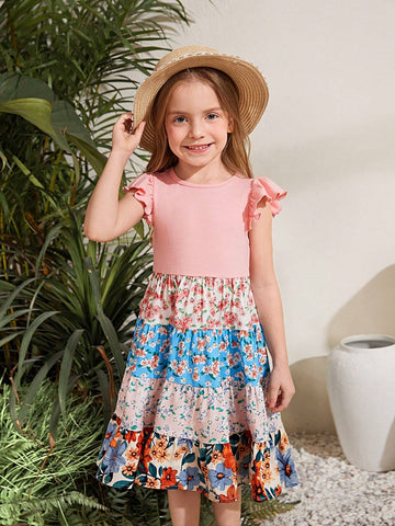 Young Girl Knitted Pure Color Round Neck Dress With Pleated Hem And Jacquard Floral Skirt