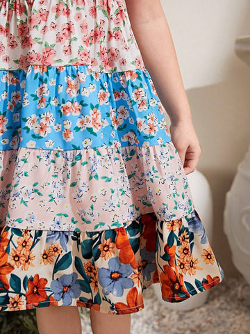 Young Girl Knitted Pure Color Round Neck Dress With Pleated Hem And Jacquard Floral Skirt