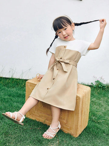 Young Girl Knitted Pure Color Round Neck Patchwork Woven Integrated Casual Dress
