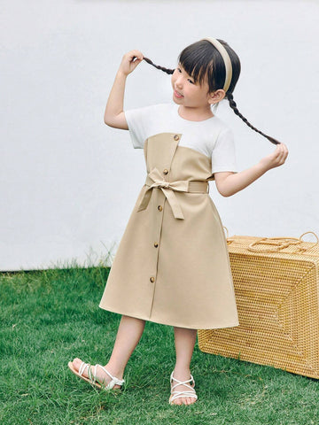 Young Girl Knitted Pure Color Round Neck Patchwork Woven Integrated Casual Dress