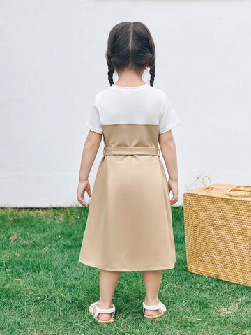 Young Girl Knitted Pure Color Round Neck Patchwork Woven Integrated Casual Dress