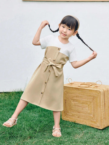 Young Girl Knitted Pure Color Round Neck Patchwork Woven Integrated Casual Dress