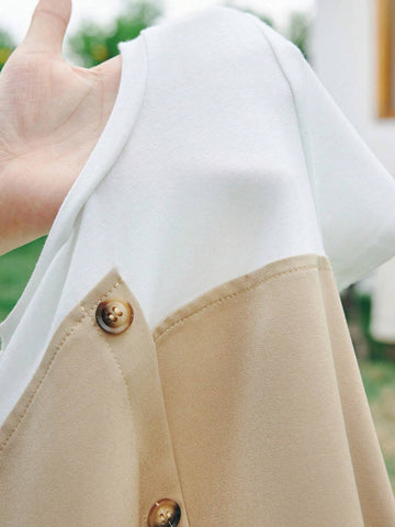 Young Girl Knitted Pure Color Round Neck Patchwork Woven Integrated Casual Dress