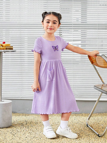 Young Girl Knitted Purple Butterfly Embroidered Casual Dress With Round Neckline