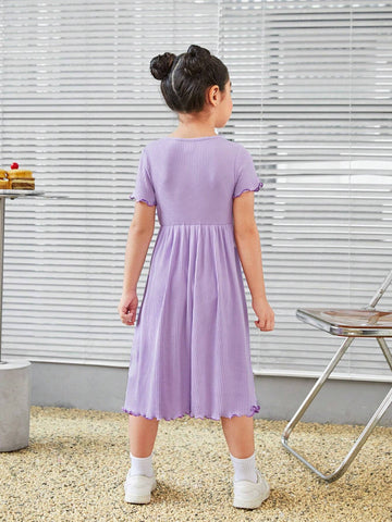 Young Girl Knitted Purple Butterfly Embroidered Casual Dress With Round Neckline