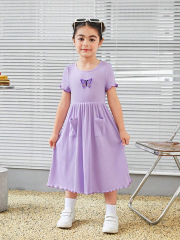 Young Girl Knitted Purple Butterfly Embroidered Casual Dress With Round Neckline
