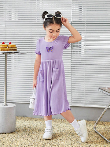Young Girl Knitted Purple Butterfly Embroidered Casual Dress With Round Neckline
