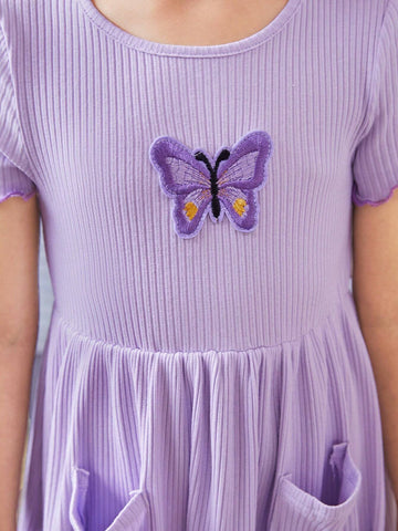 Young Girl Knitted Purple Butterfly Embroidered Casual Dress With Round Neckline