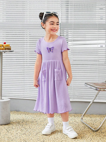Young Girl Knitted Purple Butterfly Embroidered Casual Dress With Round Neckline