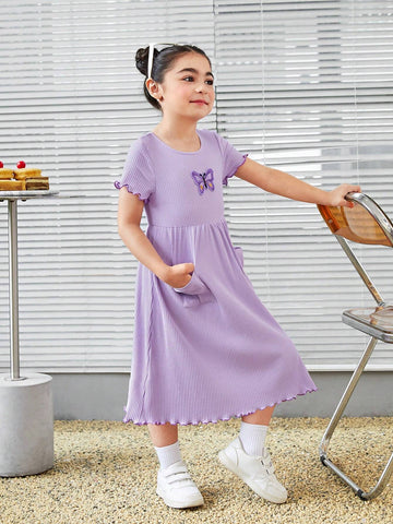 Young Girl Knitted Purple Butterfly Embroidered Casual Dress With Round Neckline