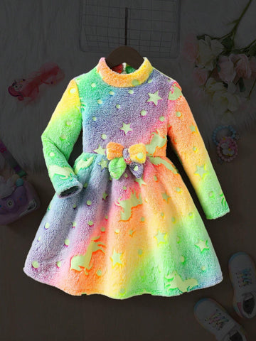 Young Girl Knitted Rainbow Gradient Cute Casual Dress