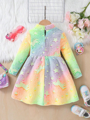 Young Girl Knitted Rainbow Gradient Cute Casual Dress
