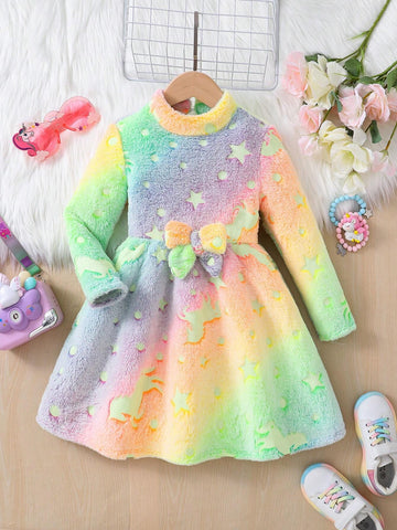 Young Girl Knitted Rainbow Gradient Cute Casual Dress