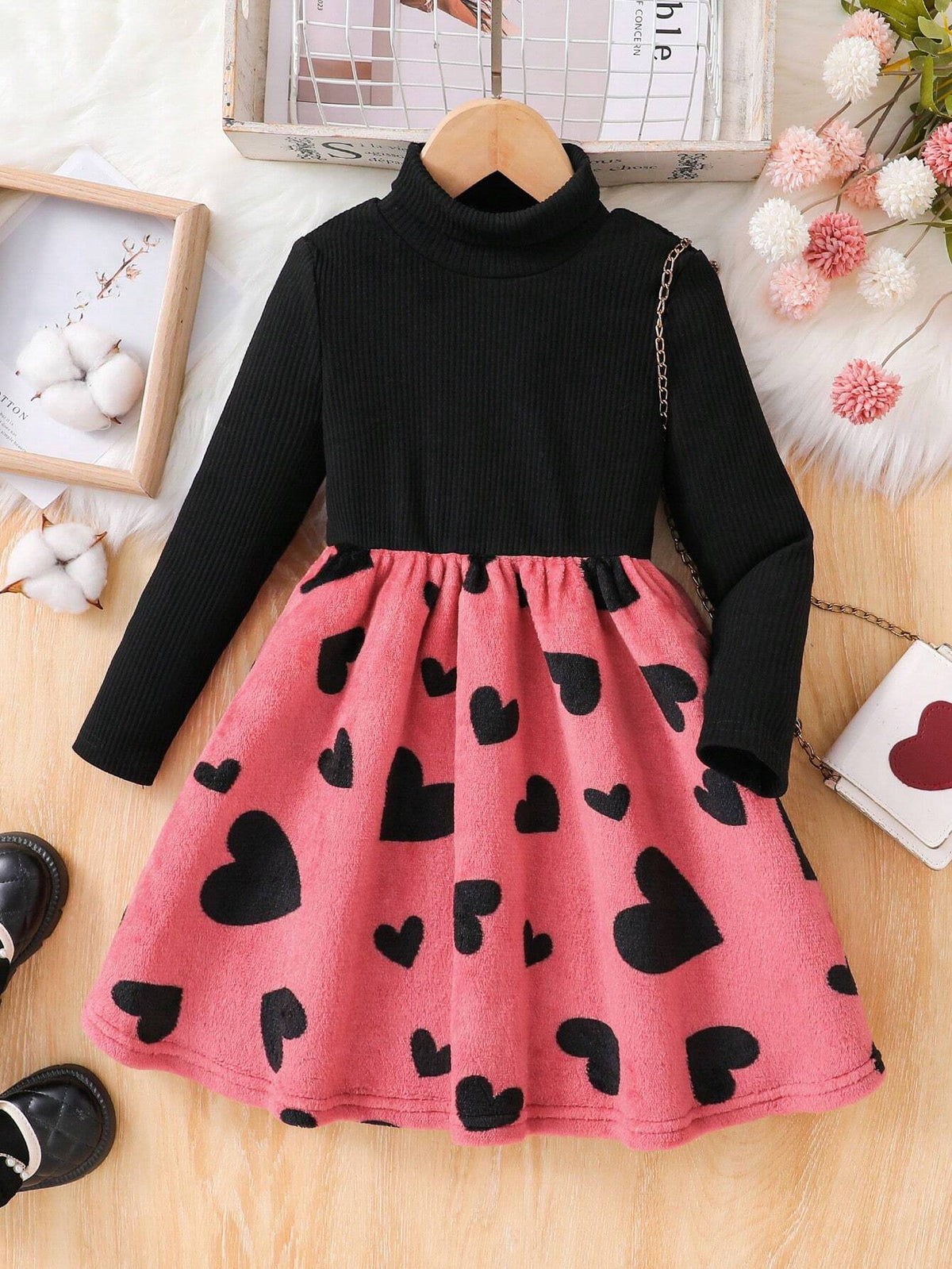 Young Girl Knitted Ribbed Patchwork Double-Sided Fleece Heart Print Color Block Stand Collar Long Sleeve Dress