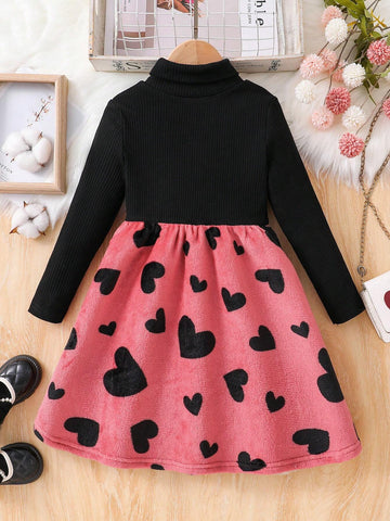 Young Girl Knitted Ribbed Patchwork Double-Sided Fleece Heart Print Color Block Stand Collar Long Sleeve Dress