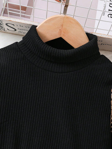 Young Girl Knitted Ribbed Patchwork Double-Sided Fleece Heart Print Color Block Stand Collar Long Sleeve Dress