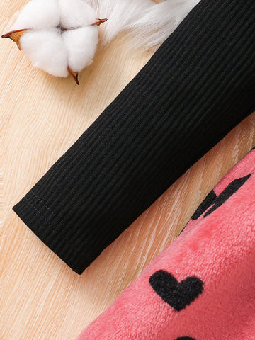 Young Girl Knitted Ribbed Patchwork Double-Sided Fleece Heart Print Color Block Stand Collar Long Sleeve Dress