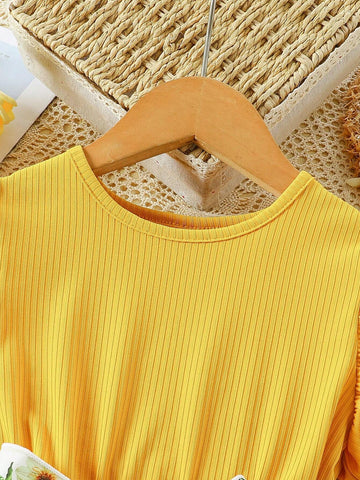 Young Girl Knitted Ribbed Patchwork Floral Print Dress With Belt Elegant Princess Party Gown