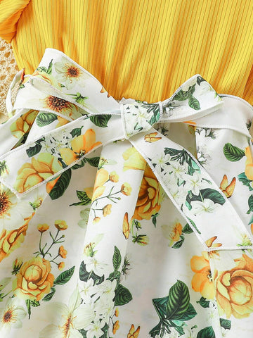 Young Girl Knitted Ribbed Patchwork Floral Print Dress With Belt Elegant Princess Party Gown