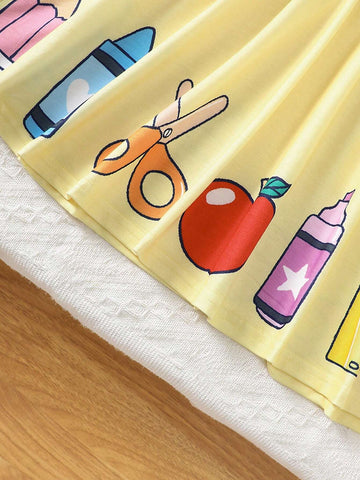 Young Girl Knitted Round-Neck Cute Stationery Printed Casual Dress